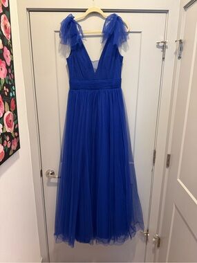 Betsy & Adam Cobalt Blue Tulle Maxi Gown